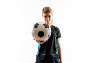 Blonde football player teenager girl over isolated white background