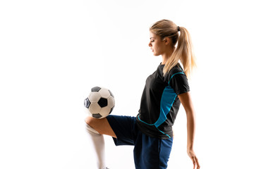 Blonde football player teenager girl over isolated white background