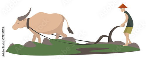 Plowman with animal, illustration, vector on white background.