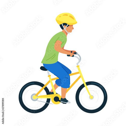 Teenager riding bicycle flat vector illustration