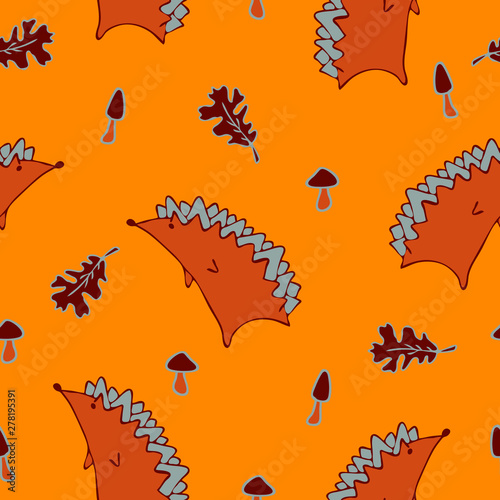 Seamless Autumn Pattern with Leaves and Hedgehog. Yellow background.