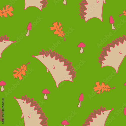 Seamless Autumn Pattern with Leaves and Hedgehog. Green background.