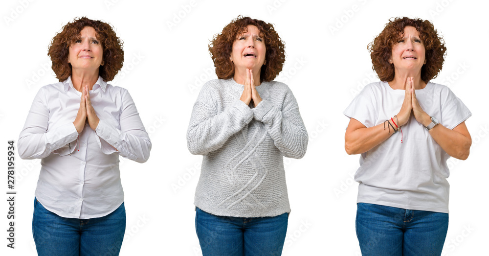 Collage of middle age senior business woman wearing white t-shirt over white isolated background begging and praying with hands together with hope expression on face very emotional and worried. Collage of middle age senior business woman wearing white t-shirt over white isolated background begging and praying with hands together with hope expression on face very emotional and worried.