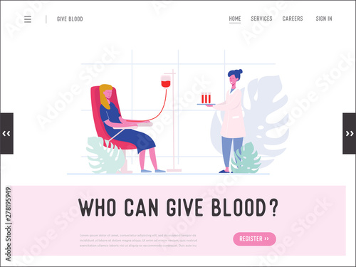 Blood Donor Bank Charity,Volunteer, Transfusion, Website Landing Page, Nurses or Doctors in Uniform. Laboratory, Healthcare Web Page, Medical test procedure Cartoon Flat Vector Illustration, Banner.