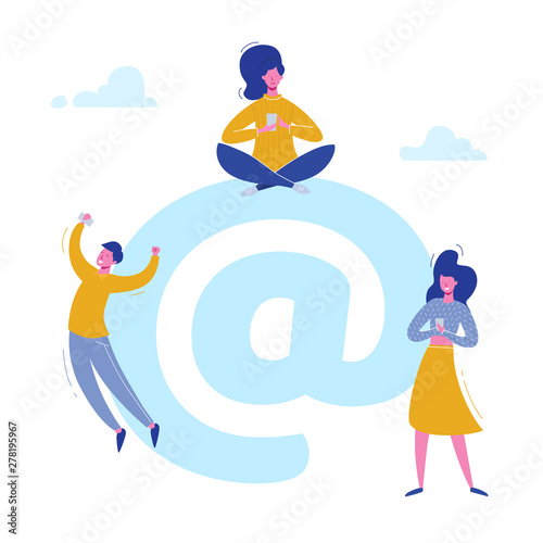 Vector concept Email people characters chatting with phones on social media, sending mail. Illustration design for web banner, marketing material, business presentation, online advertising
