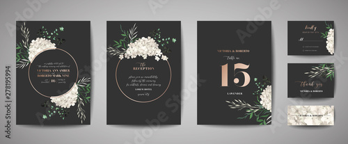 Set of Wedding Invitation, floral invite, thank you, rsvp rustic card design with gold foil decoration. Vector elegant modern template, trendy cover, graphic poster, retro brochure, design template