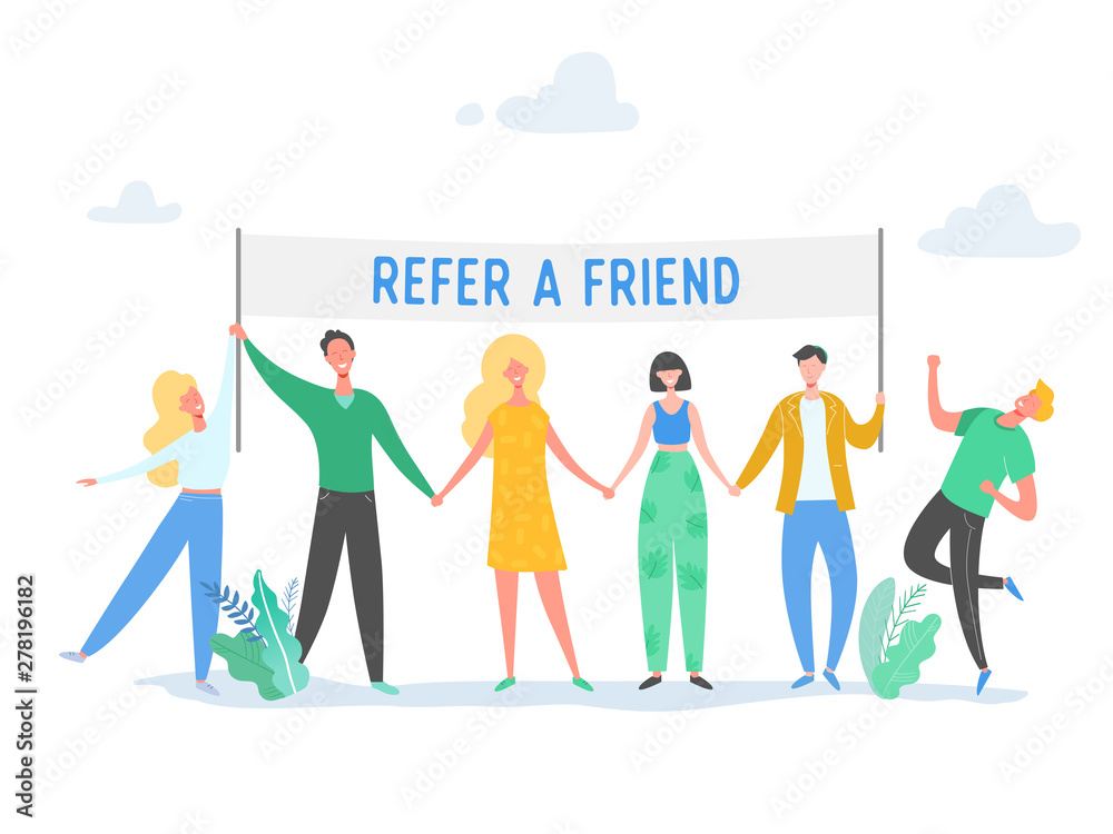Refer a friend concept with banner and business character people holding sign, smiling man and woman illustration. Friendship, leadership, business team, social diversity concept in vector
