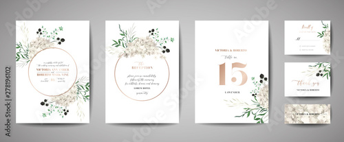 Set of Wedding Invitation, floral invite, thank you, rsvp rustic card design with gold foil decoration. Vector elegant modern template, trendy cover, graphic poster, retro brochure, design template