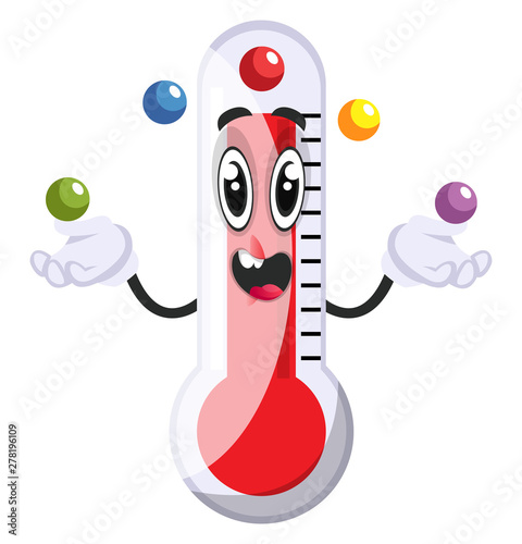 Thermometer juggling with balls, illustration, vector on white background.