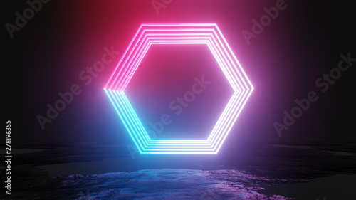 Glowing neon hexagons on dark background