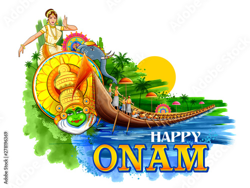 illustration of colorful Kathakali dancer on background for Happy Onam festival of South India Kerala © vectomart