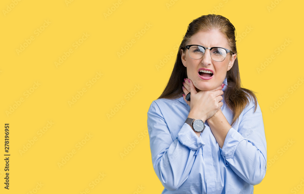 Beautiful middle age mature business woman wearing glasses over isolated background shouting and suffocate because painful strangle. Health problem. Asphyxiate and suicide concept.