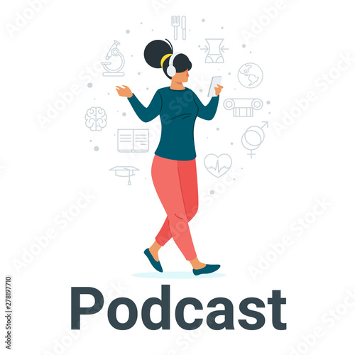 Young girl listening to podcast flat vector illustration