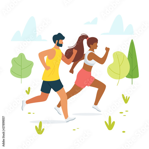 Jog, run, exercise in forest, woods flat vector illustration