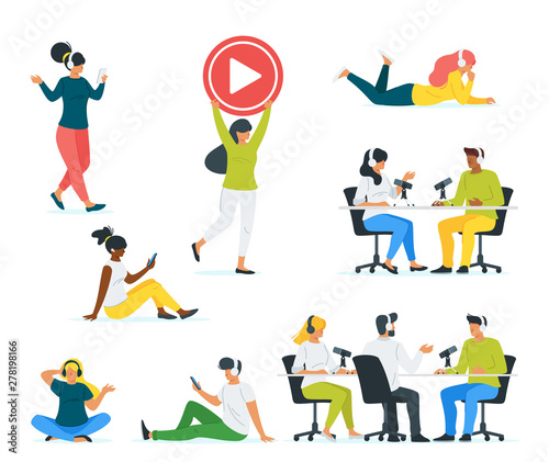 Podcasting vector illustrations set