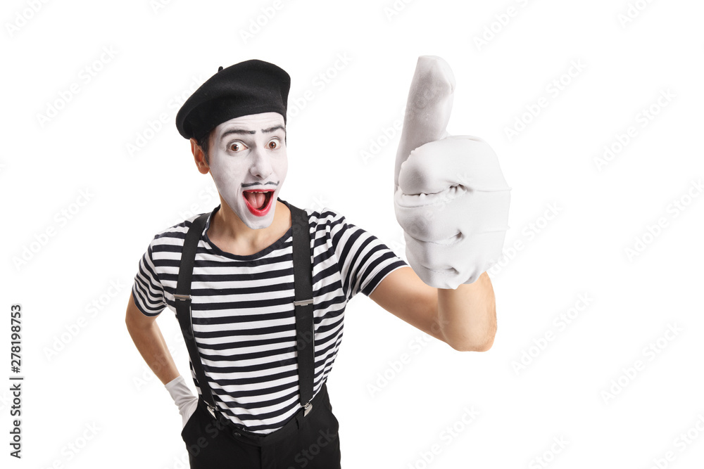 Cheerful young pantomime man showing thumbs up - obrazy, fototapety, plakaty 