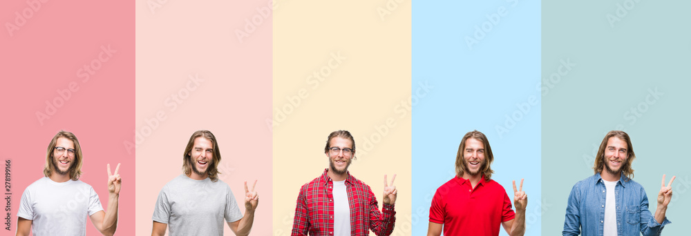 Fototapeta premium Collage of young handsome man over colorful stripes isolated background smiling with happy face winking at the camera doing victory sign. Number two.