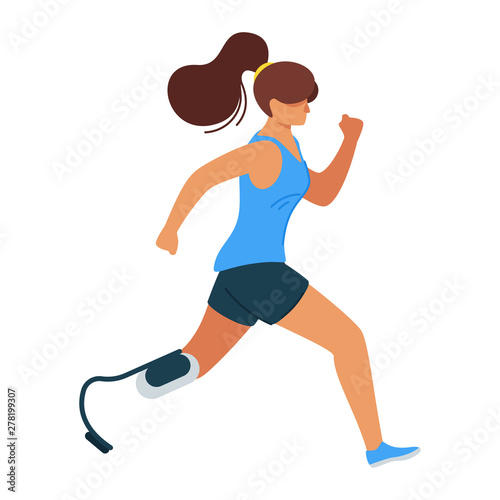 Woman, athlete with prosthetic leg flat vector illustration
