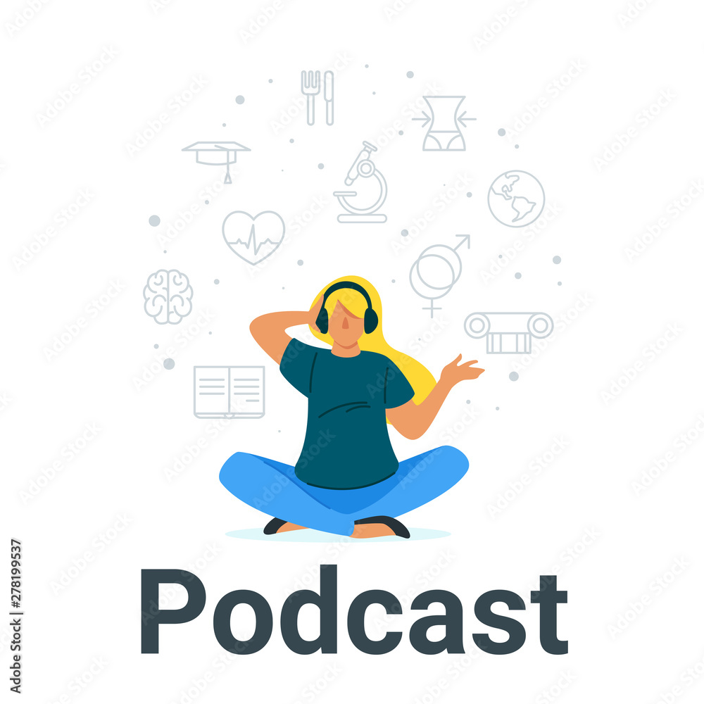 Obraz premium Girl listening to podcast flat vector illustration