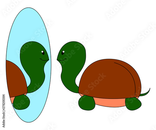 Turtle looking at the mirror, illustration, vector on white background