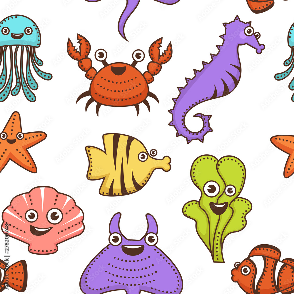 Obraz premium Underwater animals and plant marine creatures seamless pattern