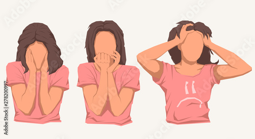 Cute brunette woman in different nervous or anxious pose