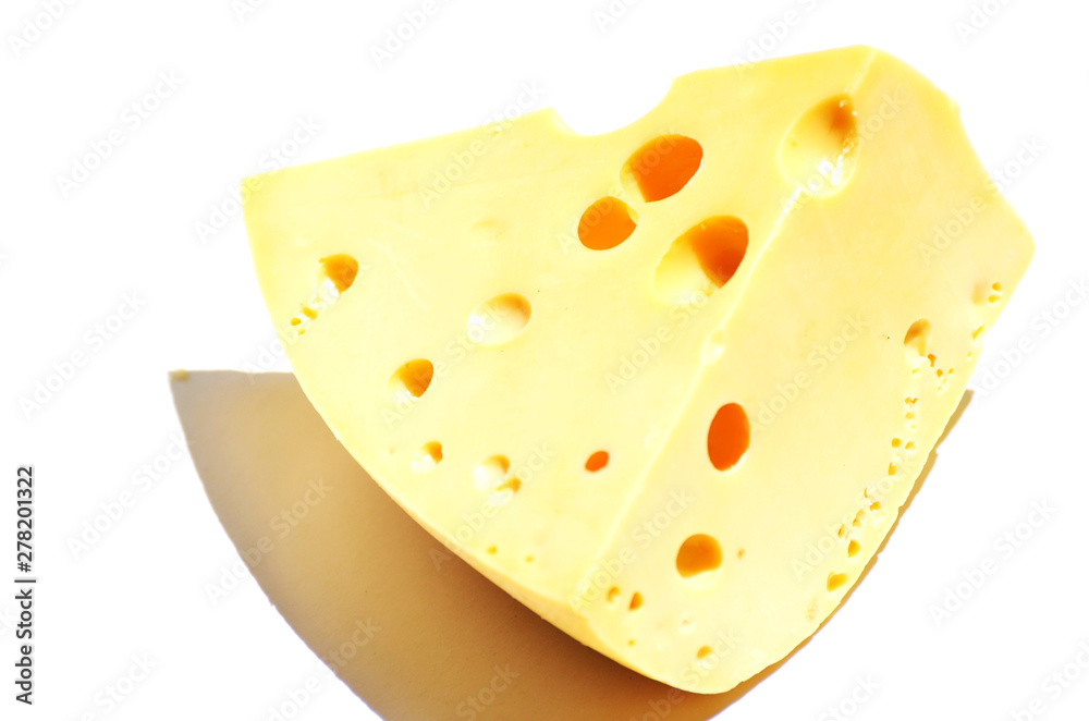 Close-up piece of cheese isolated on white background, food photo Close-up piece of cheese isolated on white background, food photo