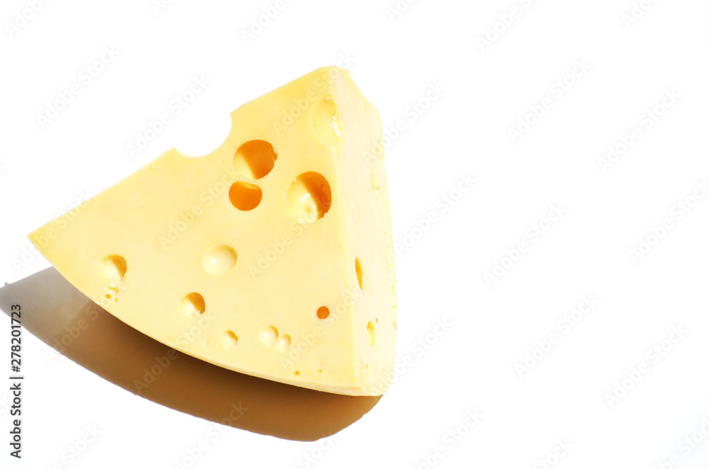 Close-up piece of cheese isolated on white background, food photo Close-up piece of cheese isolated on white background, food photo