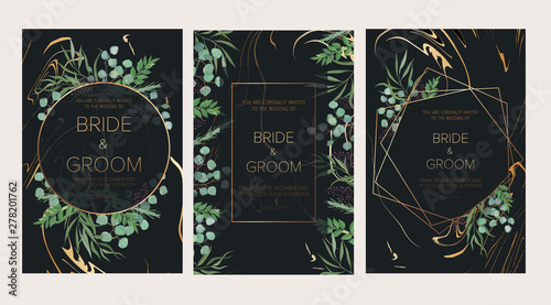Wedding floral invitation, thank you modern card: rosemary, eucalyptus branches wreath on black marble texture with a golden geometric pattern. Trendy design template. All elements are isolated and ed