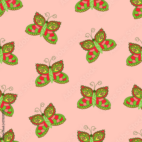 Butterfly on pink background. Seamless pattern for textiles, wallpaper, paper, packaging and tiles.