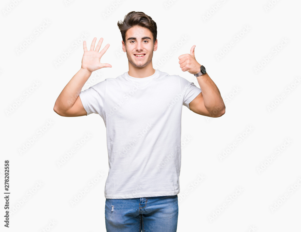 Young handsome man wearing white t-shirt over isolated background showing and pointing up with fingers number six while smiling confident and happy. Young handsome man wearing white t-shirt over isolated background showing and pointing up with fingers number six while smiling confident and happy.