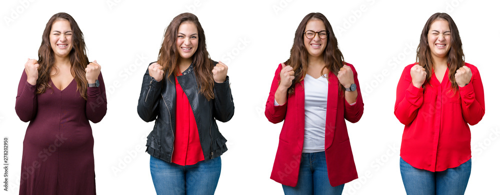 Naklejka premium Collage of beautiful plus size business woman over isolated background excited for success with arms raised celebrating victory smiling. Winner concept.