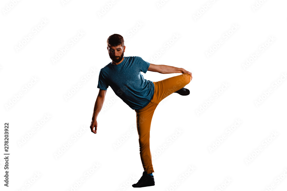 Man perform dancing while stretching legs