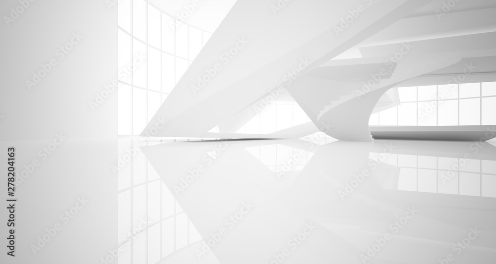 Abstract architectural white interior of a minimalist house with large windows.. 3D illustration and rendering.
