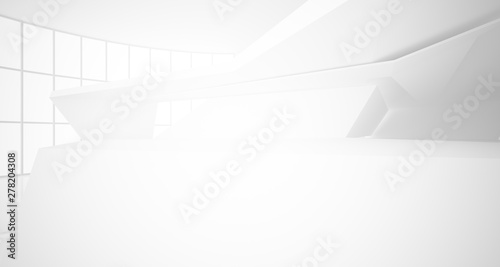 Abstract architectural white interior of a minimalist house with large windows.. 3D illustration and rendering.