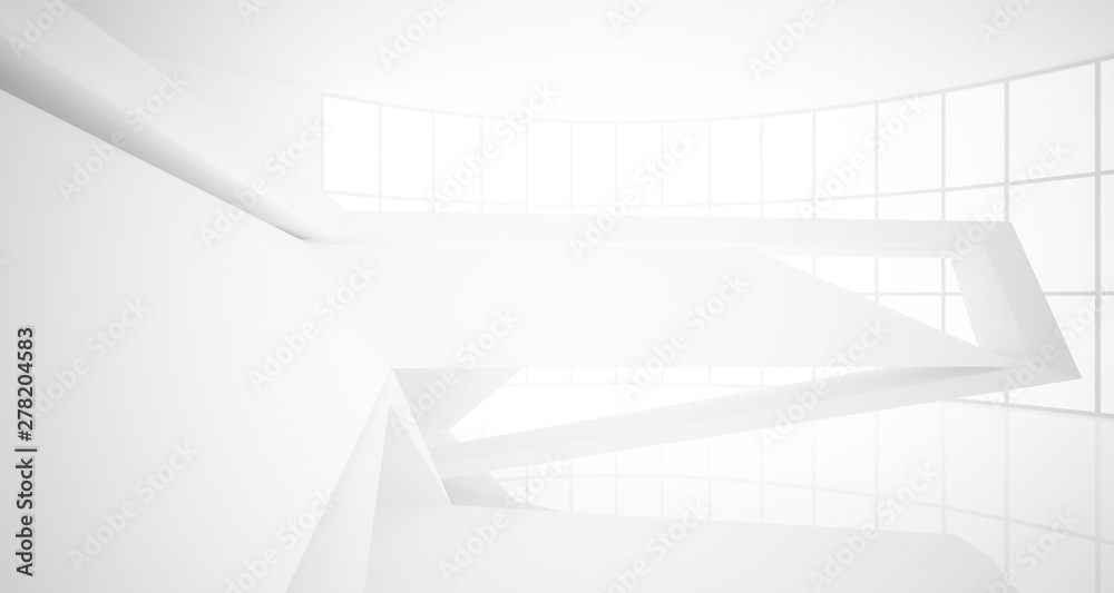 Abstract architectural white interior of a minimalist house with large windows.. 3D illustration and rendering. Abstract architectural white interior of a minimalist house with large windows.. 3D illustration and rendering.