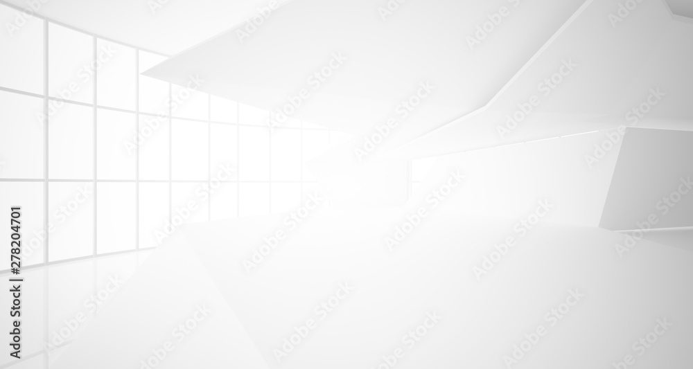 Abstract architectural white interior of a minimalist house with large windows.. 3D illustration and rendering. Abstract architectural white interior of a minimalist house with large windows.. 3D illustration and rendering.