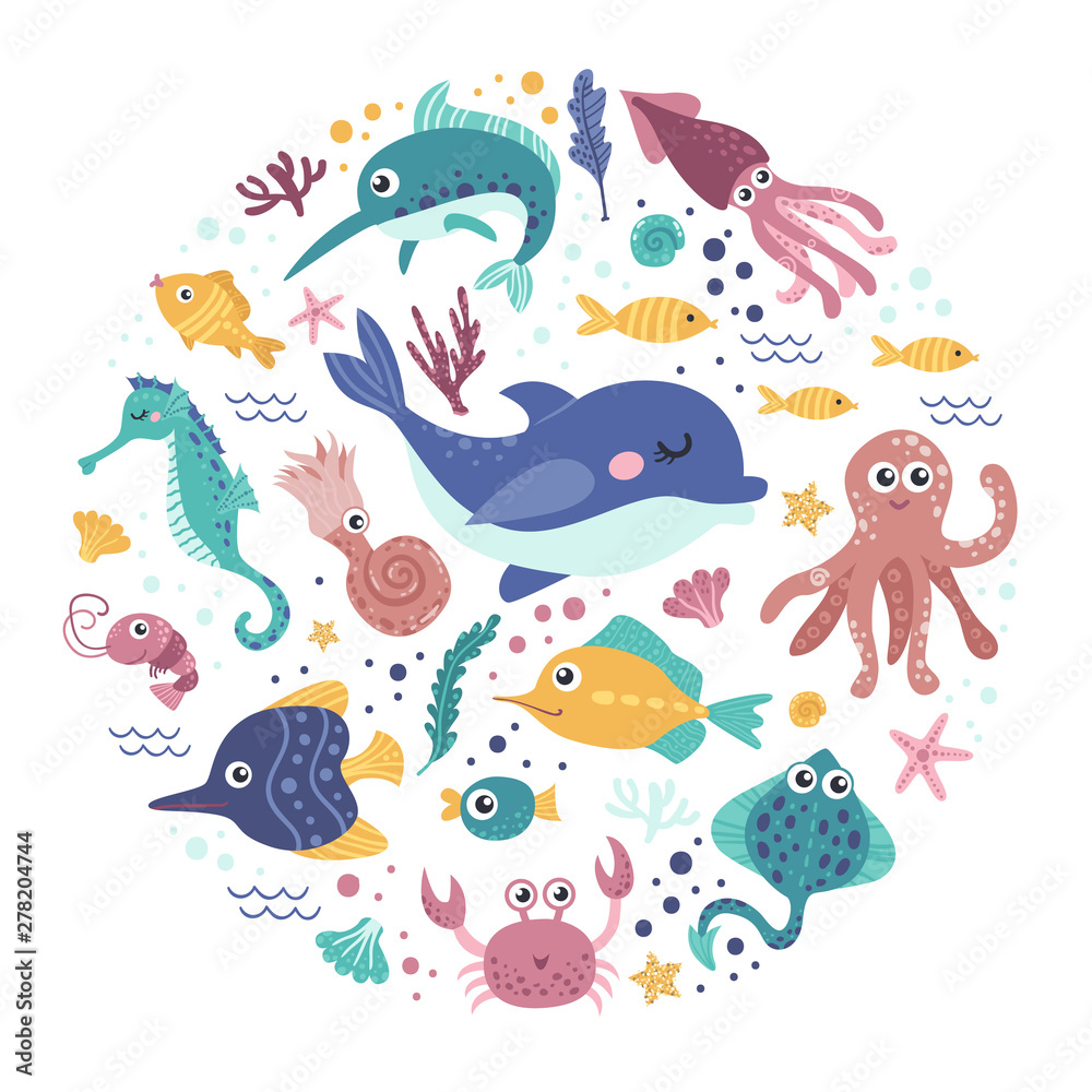 Set of sea animals