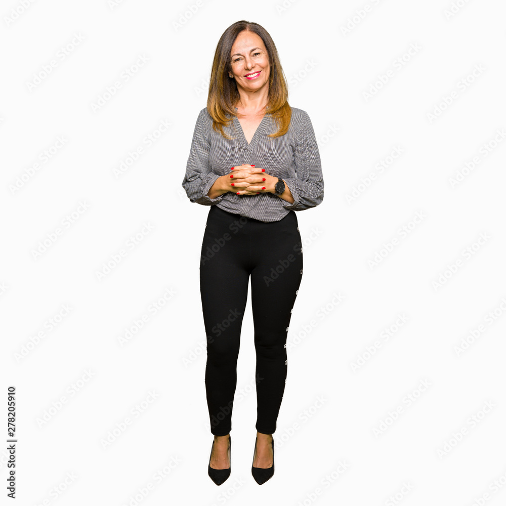 Beautiful middle age business woman Hands together and fingers crossed smiling relaxed and cheerful. Success and optimistic Beautiful middle age business woman Hands together and fingers crossed smiling relaxed and cheerful. Success and optimistic