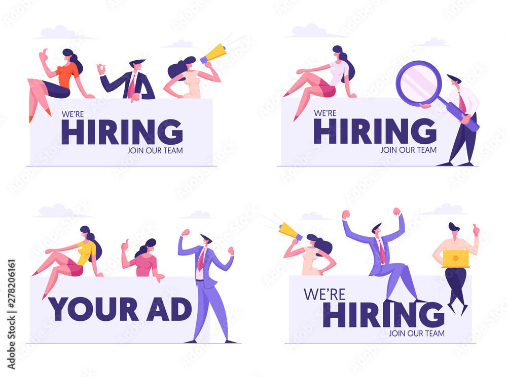 Agency, Business Team Searching New Candidate, Hiring Human Resource, People with Megaphone, Loudspeaker and Magnifying Glass Sitting on Huge Ad Banner, Businesspeople Cartoon Flat Vector Illustration Agency, Business Team Searching New Candidate, Hiring Human Resource, People with Megaphone, Loudspeaker and Magnifying Glass Sitting on Huge Ad Banner, Businesspeople Cartoon Flat Vector Illustration