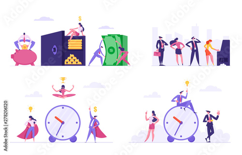 Set of Deadline  Working Productivity  Meditation on Workplace  People Stand in Queue at ATM  Male and Female Characters Saving Money in Piggy Bank and in Safe Box. Cartoon Flat Vector Illustration