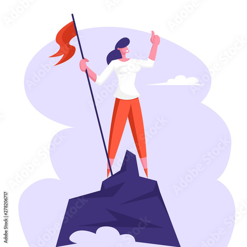Businesswoman Character Hoisted Red Flag on Mountain Top. Business Woman on Peak of Success. Leadership, Winner, Challenge Goal Achievement, Successful Manager Concept Cartoon Flat Vector Illustration