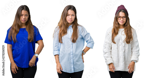 Collage of beautiful young woman over isolated background skeptic and nervous, frowning upset because of problem. Negative person.