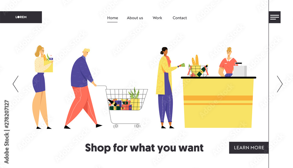 Customers Stand in Line at Grocery or Supermarket Turn with Goods in Shopping Trolley Put Buys on Cashier Desk for Paying, Sale Website Landing Page, Web Page. Cartoon Flat Vector Illustration, Banner