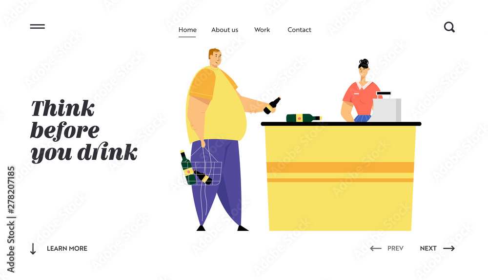 Man Customer with Alcohol Bottles in Shopping Basket Pay for Purchases on Cashier Desk with Shop Assistant Scanning Products. Website Landing Page, Web Page. Cartoon Flat Vector Illustration, Banner