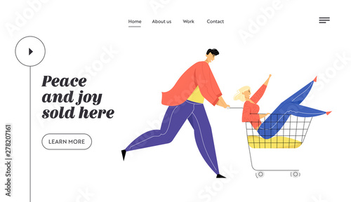 Couple of Teenagers Fool in Supermarket Riding Trolley. Happy Man Pushing Shopping Cart with Girlfriend Sit inside, Teens Fun Website Landing Page, Web Page. Cartoon Flat Vector Illustration, Banner