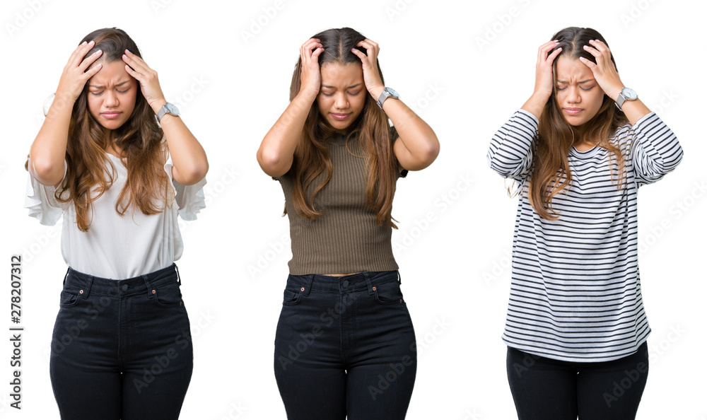 Collage of beautiful young woman over isolated background suffering from headache desperate and stressed because pain and migraine. Hands on head.