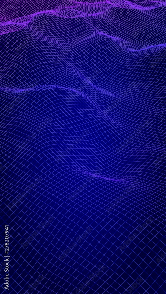 Abstract landscape on blue background. Cyberspace grid. hi tech network. 3D illustration. Vertical orientation Abstract landscape on blue background. Cyberspace grid. hi tech network. 3D illustration. Vertical orientation