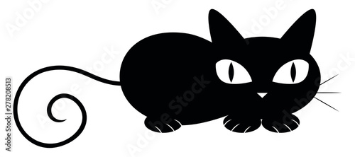 Black cat lying down, illustration, vector on white background.