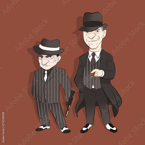 Two mafia standing on brown background. wear hat and hold gun. vector illustration isolated cartoon hand drawn background